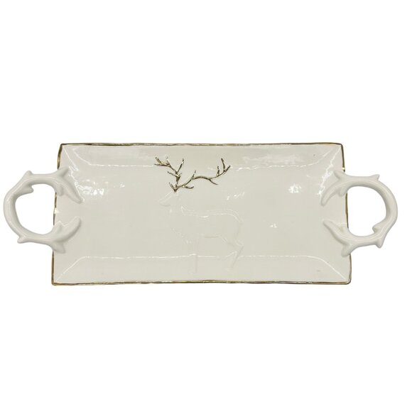 Magenta Serving Tray With Antler Handles Deer Accent Ceramic White Gold - Picture 1 of 8